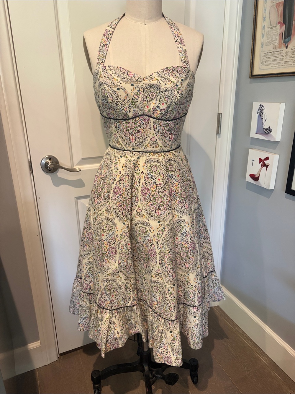 Halter-Neck Floral Midi Dress in Cream
